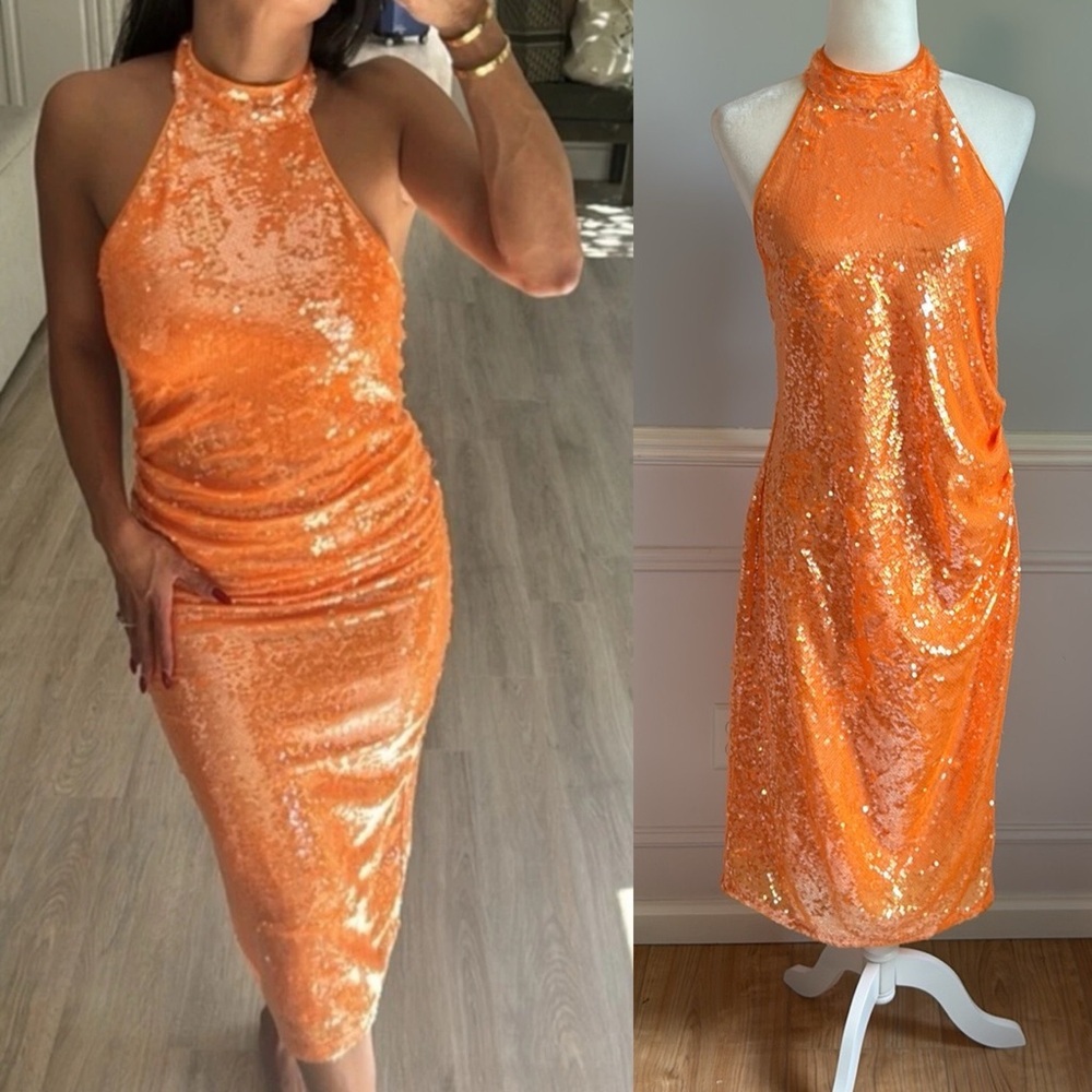 NWT Caroline Constas Orange Sequin Halter Midi Dress Size M Formal Open Back